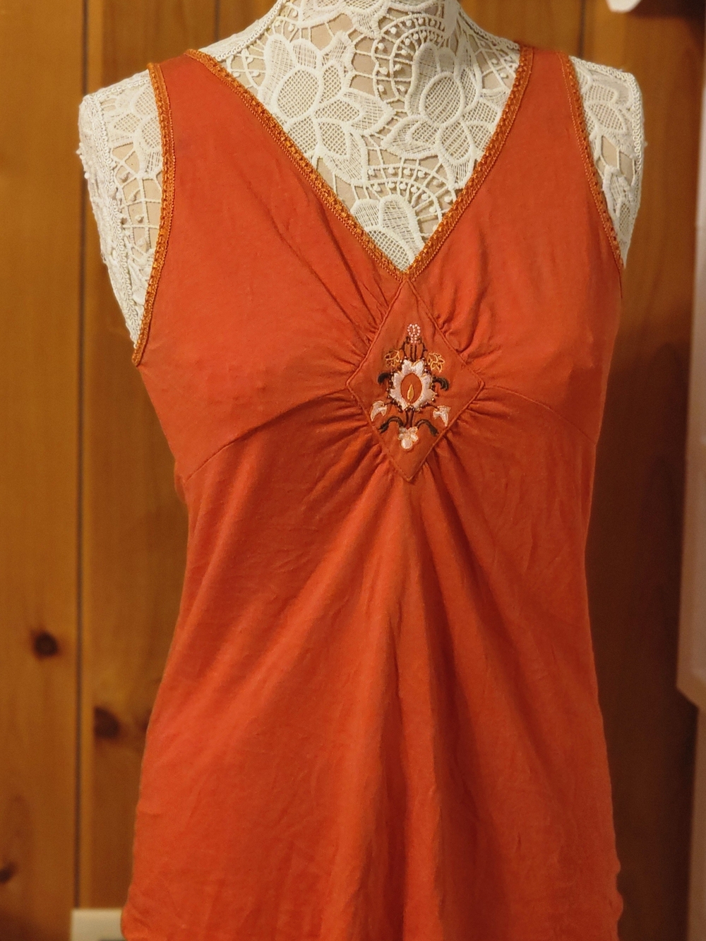 Rust Burnt Orange Embroidered Lace Trim V-Neck Tank Top